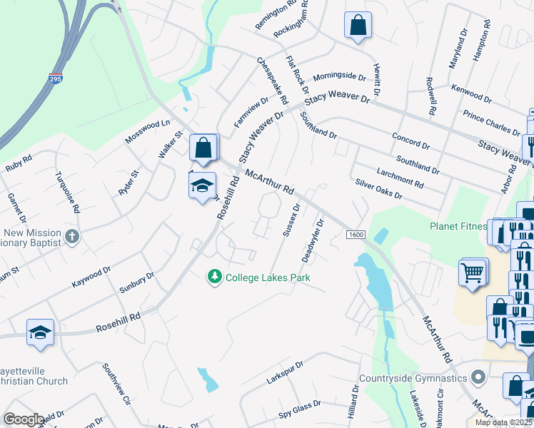 map of restaurants, bars, coffee shops, grocery stores, and more near 2601 McArthur Landing Circle in Fayetteville