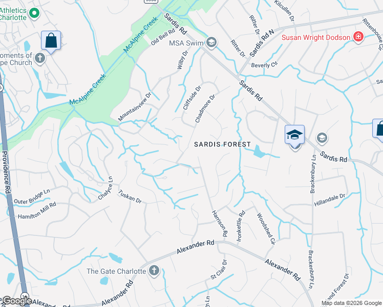 map of restaurants, bars, coffee shops, grocery stores, and more near 7411 Harrisonwoods Place in Charlotte