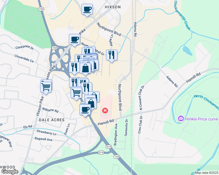 map of restaurants, bars, coffee shops, grocery stores, and more near 364 Northgate Mall Drive in Chattanooga