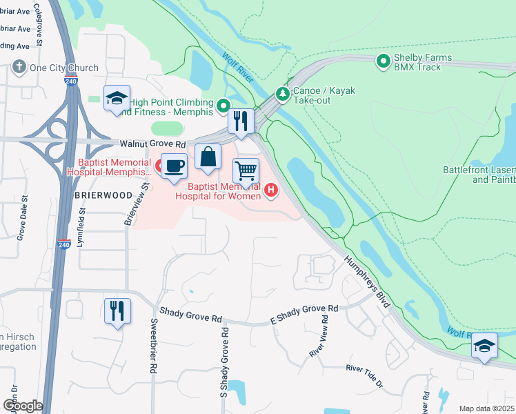 map of restaurants, bars, coffee shops, grocery stores, and more near 6215 Humphreys Boulevard in Memphis