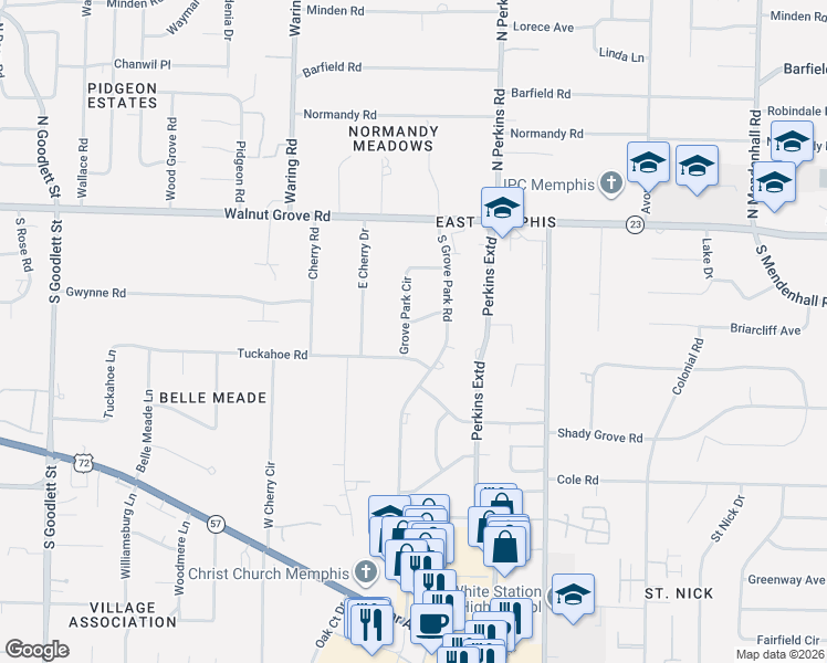 map of restaurants, bars, coffee shops, grocery stores, and more near 178 Grove Park Circle in Memphis