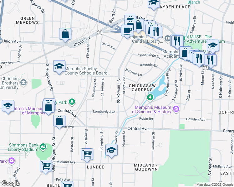 map of restaurants, bars, coffee shops, grocery stores, and more near 179 Cherokee Drive in Memphis