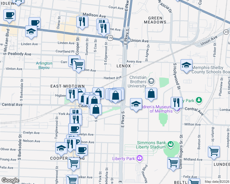 map of restaurants, bars, coffee shops, grocery stores, and more near 682 Landis Street in Memphis