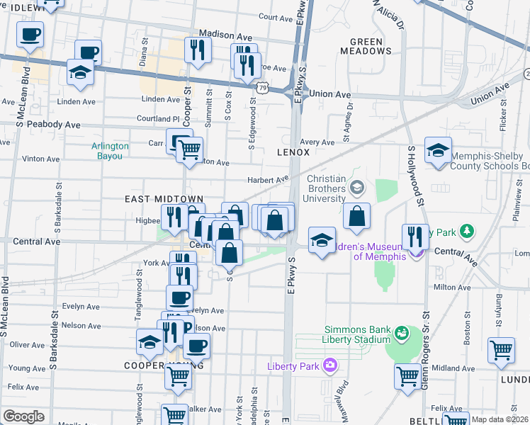 map of restaurants, bars, coffee shops, grocery stores, and more near 686 Landis Street in Memphis
