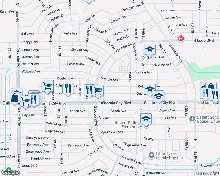 map of restaurants, bars, coffee shops, grocery stores, and more near 8724 Columbine Avenue in California City