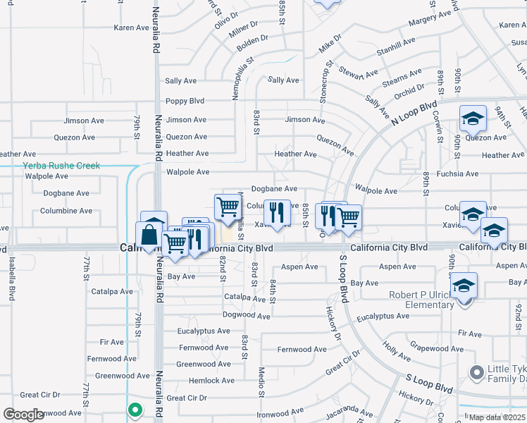 map of restaurants, bars, coffee shops, grocery stores, and more near 8342 Columbine Avenue in California City