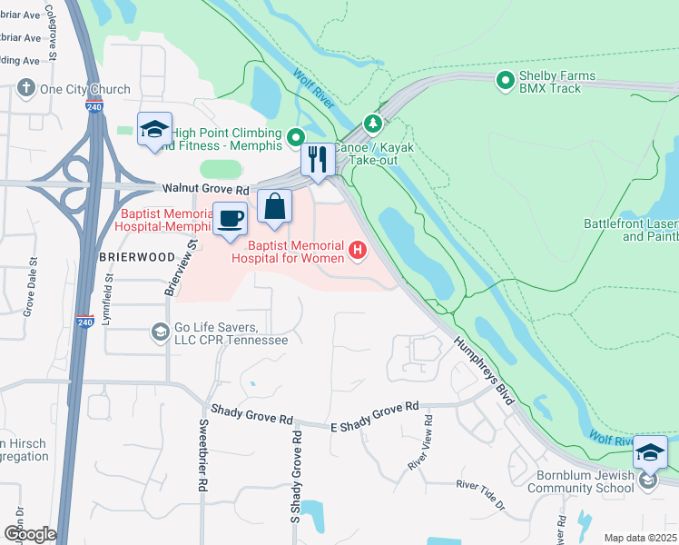 map of restaurants, bars, coffee shops, grocery stores, and more near 6215 Humphreys Boulevard in Memphis
