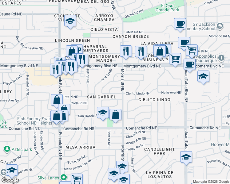 map of restaurants, bars, coffee shops, grocery stores, and more near 10309 Santa Paula Avenue Northeast in Albuquerque
