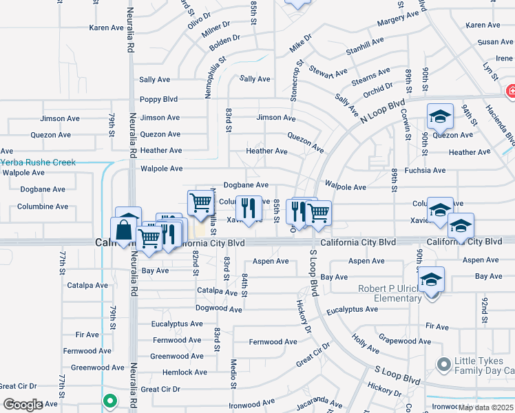 map of restaurants, bars, coffee shops, grocery stores, and more near 8414 Columbine Avenue in California City