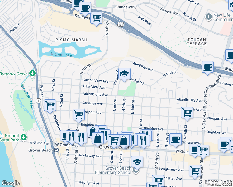 map of restaurants, bars, coffee shops, grocery stores, and more near 562 North 8th Street in Grover Beach