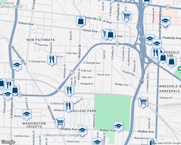 map of restaurants, bars, coffee shops, grocery stores, and more near 854 Ioka Avenue in Memphis