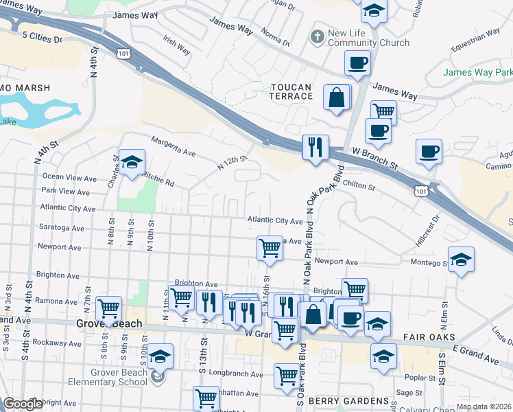 map of restaurants, bars, coffee shops, grocery stores, and more near 1541 Atlantic City Avenue in Grover Beach