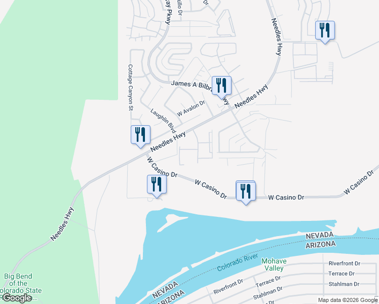 map of restaurants, bars, coffee shops, grocery stores, and more near 3827 Desert Marina Drive in Laughlin