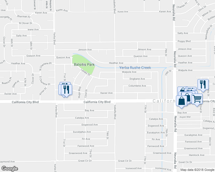 map of restaurants, bars, coffee shops, grocery stores, and more near 74th Street in California City