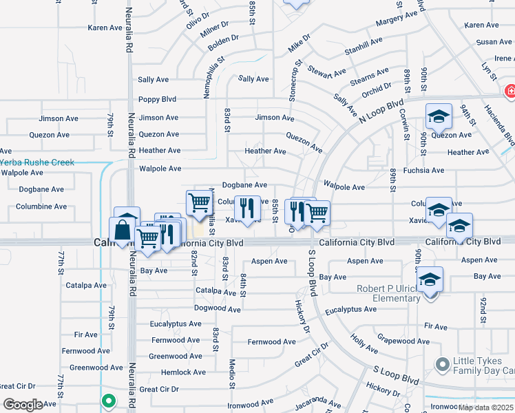 map of restaurants, bars, coffee shops, grocery stores, and more near 8414 Columbine Avenue in California City