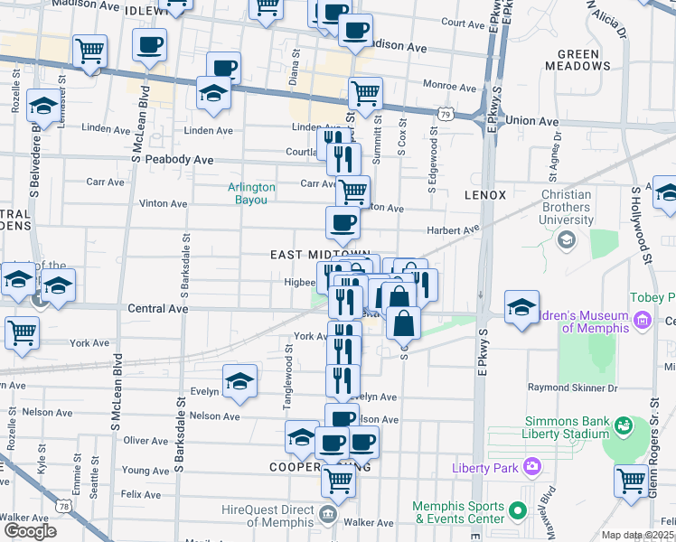 map of restaurants, bars, coffee shops, grocery stores, and more near 663 Cooper Street in Memphis
