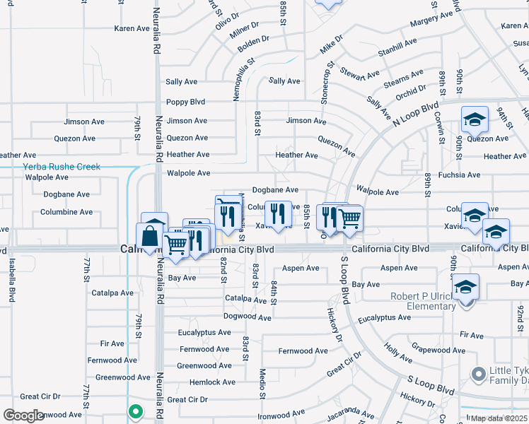 map of restaurants, bars, coffee shops, grocery stores, and more near 8342 Columbine Avenue in California City