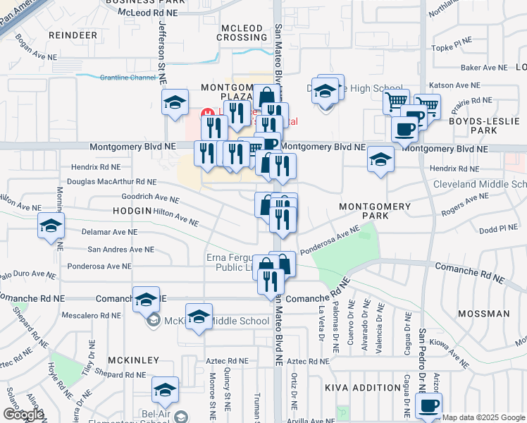 map of restaurants, bars, coffee shops, grocery stores, and more near 4001 San Mateo Boulevard Northeast in Albuquerque