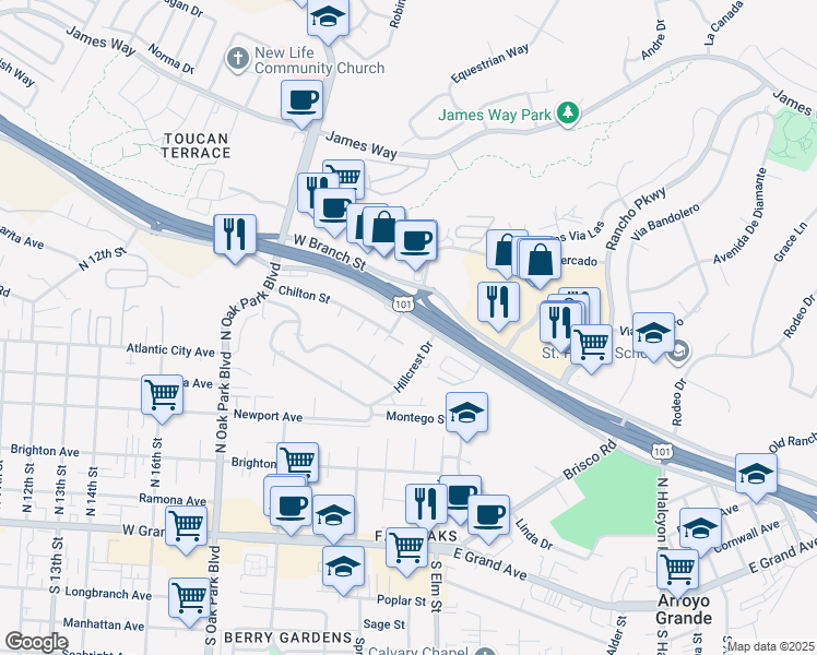 map of restaurants, bars, coffee shops, grocery stores, and more near 276 El Camino Real in Arroyo Grande