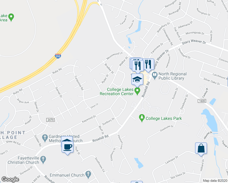 map of restaurants, bars, coffee shops, grocery stores, and more near 627 Kellam Circle in Fayetteville