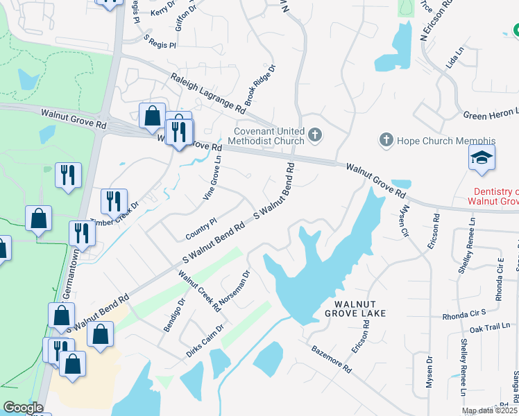 map of restaurants, bars, coffee shops, grocery stores, and more near 90 North Walnut Bend Road in Memphis