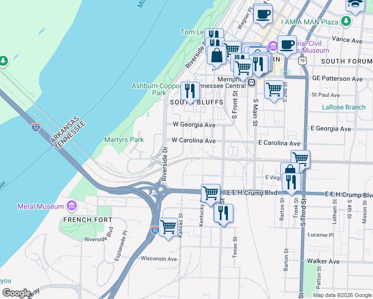 map of restaurants, bars, coffee shops, grocery stores, and more near 720 Litty Court in Memphis