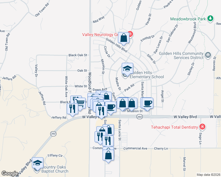 map of restaurants, bars, coffee shops, grocery stores, and more near Dawn Avenue in Tehachapi