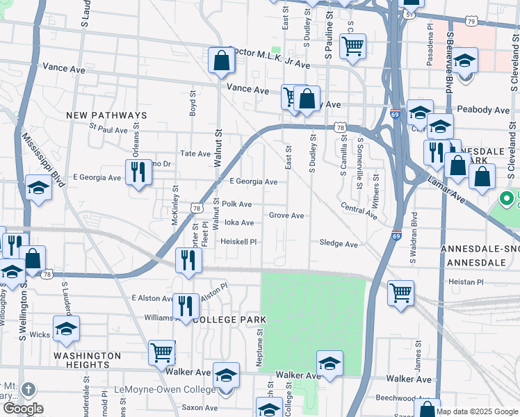 map of restaurants, bars, coffee shops, grocery stores, and more near 854 Ioka Avenue in Memphis