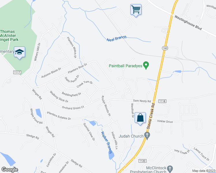map of restaurants, bars, coffee shops, grocery stores, and more near 12231 Creek Turn Drive in Charlotte