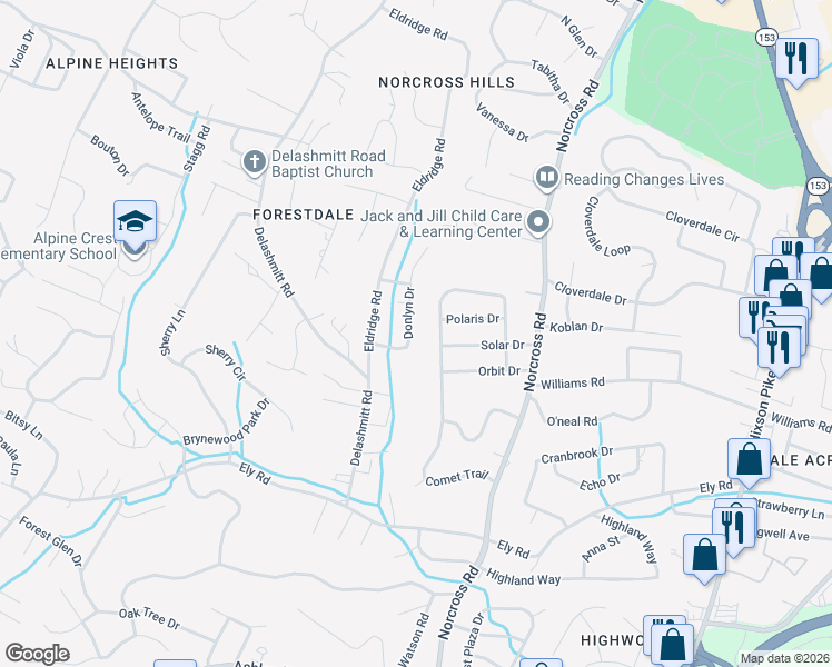 map of restaurants, bars, coffee shops, grocery stores, and more near 5218 Donlyn Drive in Chattanooga