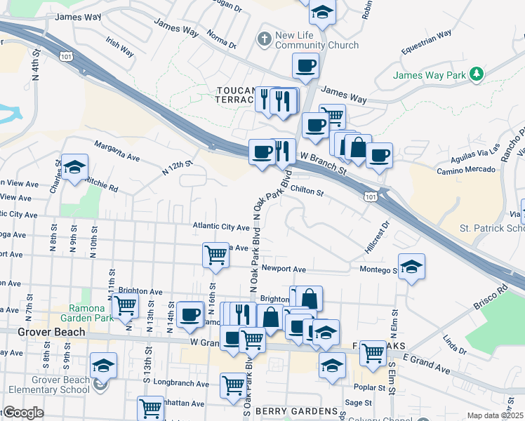 map of restaurants, bars, coffee shops, grocery stores, and more near 1845 Atlantic City Avenue in Grover Beach