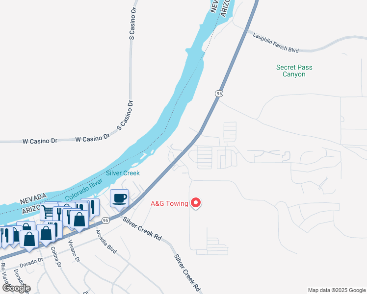 map of restaurants, bars, coffee shops, grocery stores, and more near Sands Circle in Bullhead City