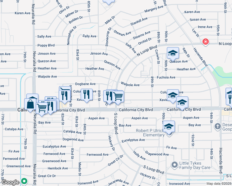 map of restaurants, bars, coffee shops, grocery stores, and more near 21030 Orchid Drive in California City