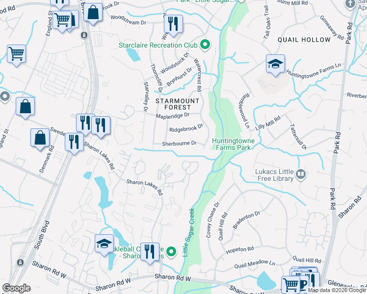 map of restaurants, bars, coffee shops, grocery stores, and more near 7804 Andover Woods Drive in Charlotte