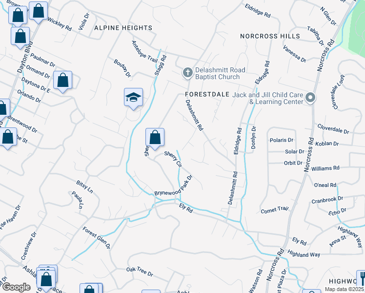 map of restaurants, bars, coffee shops, grocery stores, and more near 925 Sherry Circle in Chattanooga