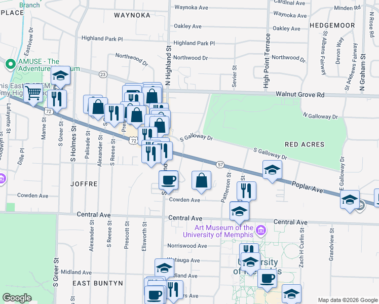 map of restaurants, bars, coffee shops, grocery stores, and more near 3575 Poplar Avenue in Memphis