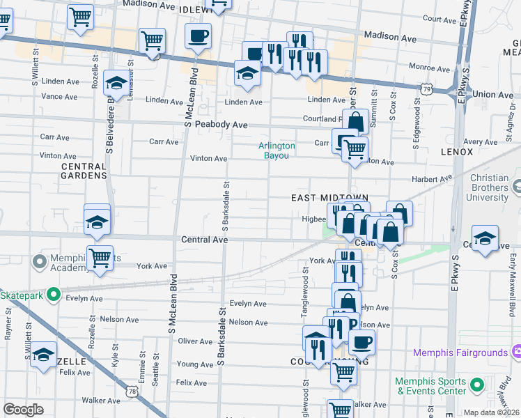map of restaurants, bars, coffee shops, grocery stores, and more near 1993 Higbee Avenue in Memphis