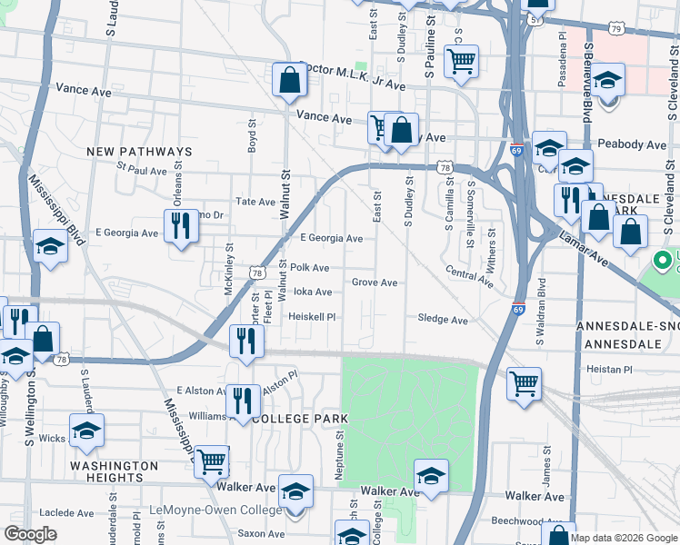 map of restaurants, bars, coffee shops, grocery stores, and more near 854 Ioka Avenue in Memphis