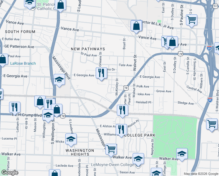 map of restaurants, bars, coffee shops, grocery stores, and more near 733 Hilyard Lane in Memphis
