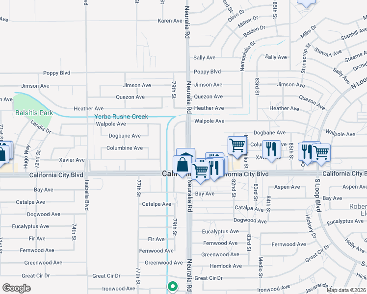 map of restaurants, bars, coffee shops, grocery stores, and more near 21130 Neuralia Road in California City