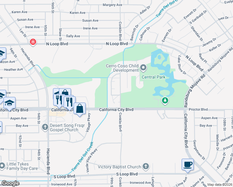 map of restaurants, bars, coffee shops, grocery stores, and more near 21009 Conklin Boulevard in California City