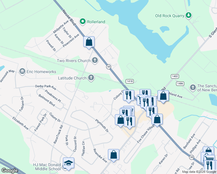 map of restaurants, bars, coffee shops, grocery stores, and more near 1241 Colony Drive in New Bern