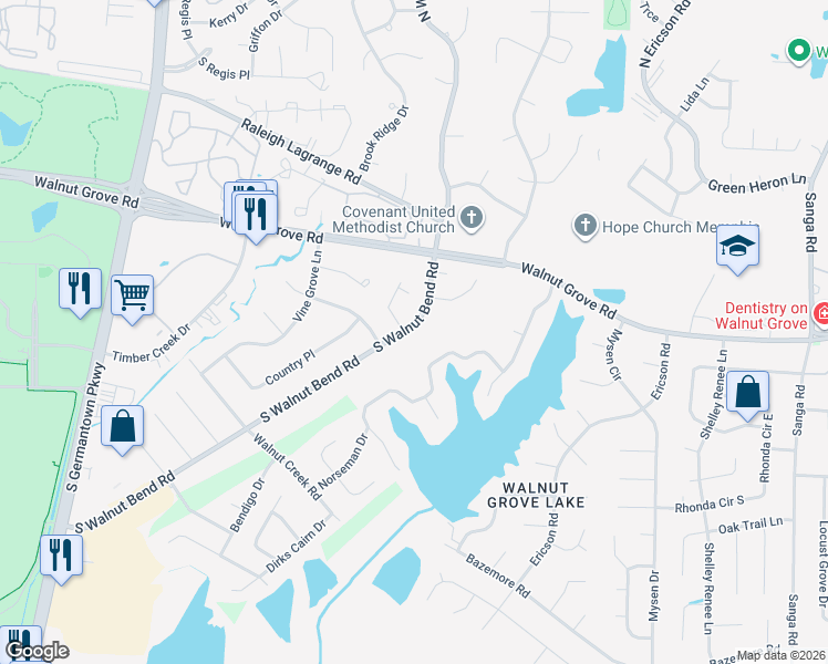 map of restaurants, bars, coffee shops, grocery stores, and more near 8407 Walnut Grove Road in Memphis