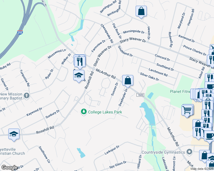 map of restaurants, bars, coffee shops, grocery stores, and more near 2641 McArthur Landing Circle in Fayetteville