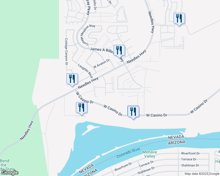 map of restaurants, bars, coffee shops, grocery stores, and more near 3800 Desert Marina Drive in Laughlin
