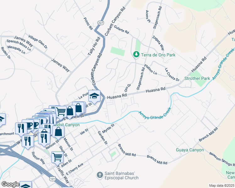 map of restaurants, bars, coffee shops, grocery stores, and more near 807 Huasna Road in Arroyo Grande