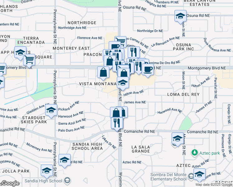 map of restaurants, bars, coffee shops, grocery stores, and more near 8401 James Avenue Northeast in Albuquerque