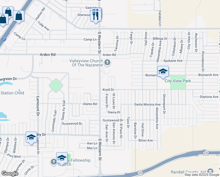 map of restaurants, bars, coffee shops, grocery stores, and more near 4100 Provo Place in Amarillo