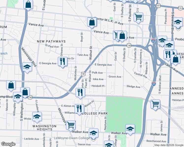 map of restaurants, bars, coffee shops, grocery stores, and more near 811 Polk Avenue in Memphis