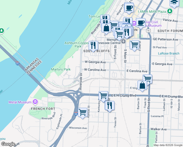 map of restaurants, bars, coffee shops, grocery stores, and more near 78 West Carolina Avenue in Memphis